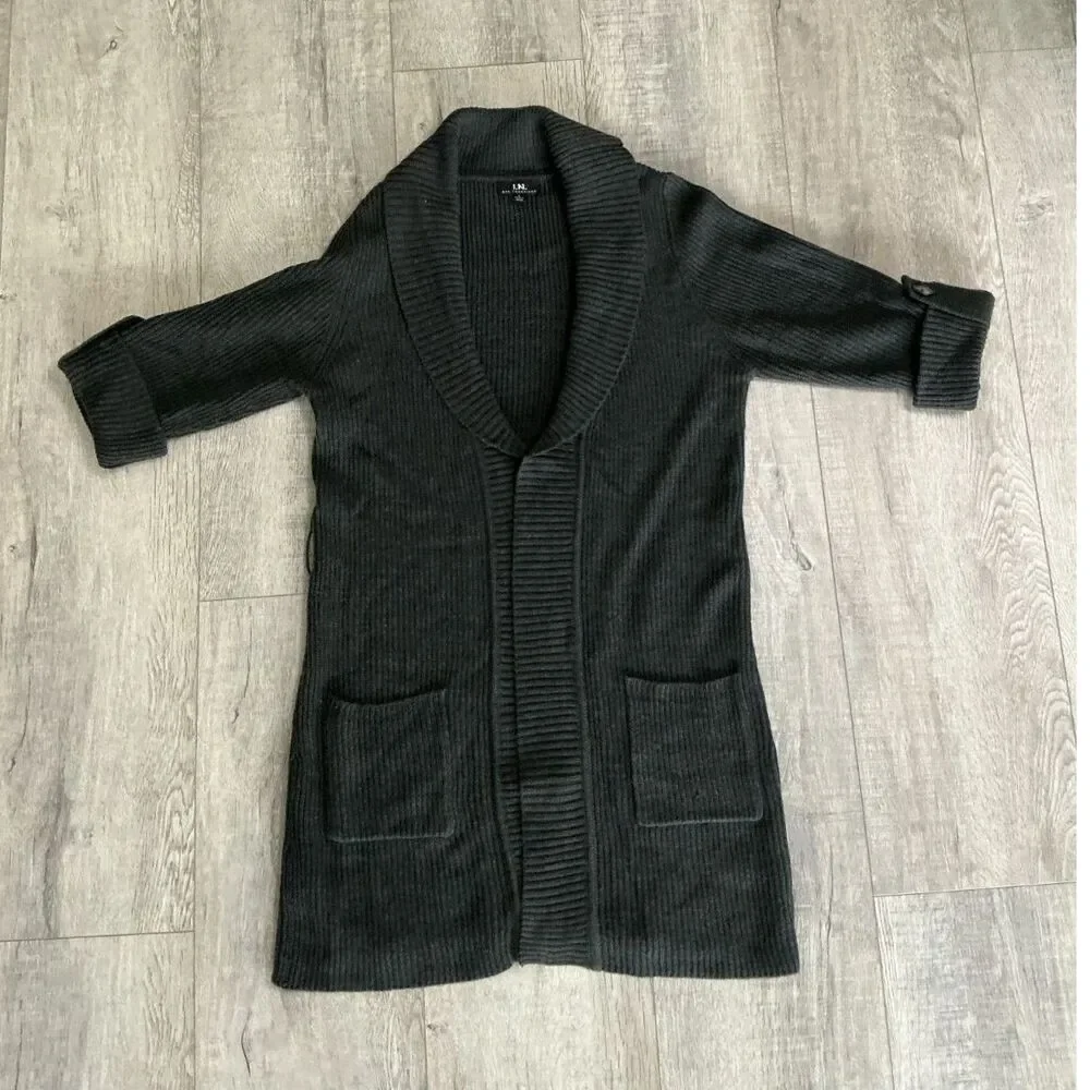 I.N. San Francisco Women’s L Charcoal Belted Sweater Duster Long Cardigan